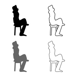 男人坐着摆姿势，双手放在头后，年轻人坐在椅子上，腿上扔着剪影图标，灰色黑色矢量插图轮廓，平面风格，简单形象