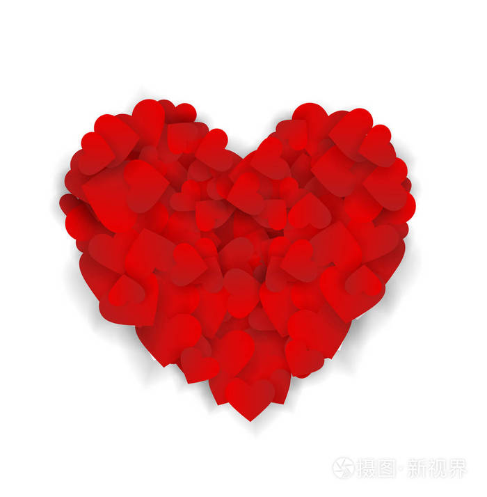 红色的大心脏,由小心脏组成,孤立在白色背景上,象征着爱的忠诚和善良