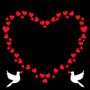 红色黑白复古心形边框的心脏与爱鸽夫妇鸽子的轮廓。 情人节婚礼邀请剪贴簿装饰品模板。