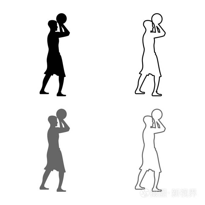 篮球运动员投掷篮球男子投篮侧视图标设置灰色黑色矢量插图轮廓平面