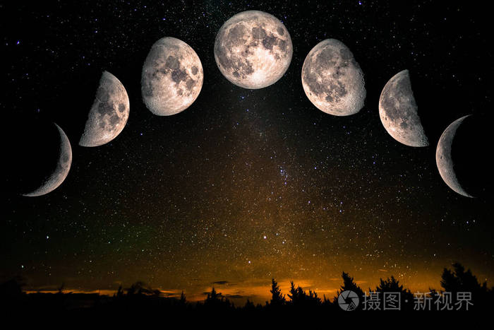 月亮的各个阶段:上新月第一季度,上新月,圆月,圆月,第三节,圆月,新月.