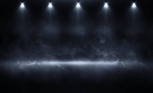 一个空房间的背景霓虹灯反射在混凝土地板上的烟雾