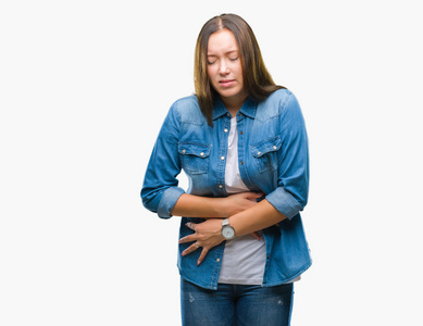 美女,由于消化不良,痛苦的疾病,感觉不舒服,过了孤立的背景,手在胃里