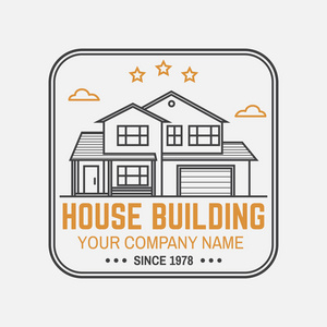 房子建筑公司的身份与郊区美国房子。向量例证。细线徽章, 房地产标志, 建筑和建筑公司相关业务