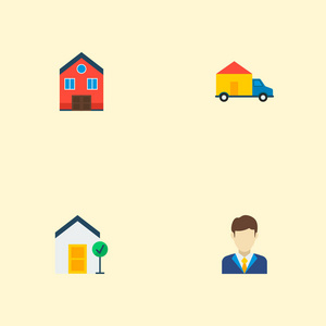 一套属性图标平面样式符号与家庭, 良好的属性, 房地产经纪人和其他图标为您的网络移动应用程序徽标设计