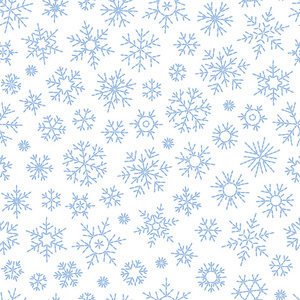 白色背景上落下蓝色雪花的抽象无缝图案。 冬季图案为横幅问候圣诞节和新年贺卡邀请明信片纸包装。