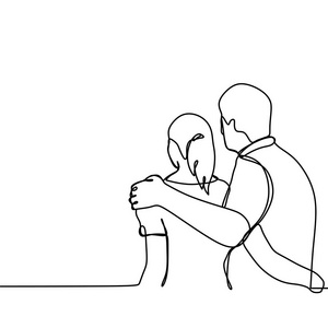 连续线绘制的男人和女人看着背面互相拥抱.