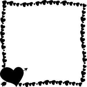 黑白复古边框由心与箭头刺穿心脏轮廓在角落。单色模板，提供情人节结婚邀请贺卡的复印空间