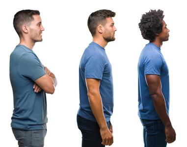 一群西班牙裔和非洲裔美国男性在孤立的背景下侧视，放松的轮廓姿态与自然的脸与自信的微笑。