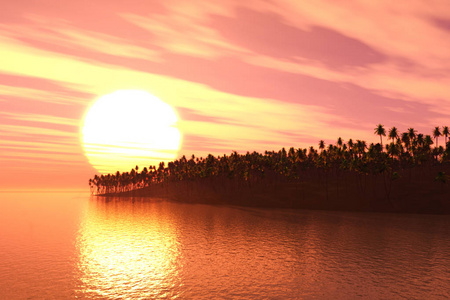 3D日落时棕榈树岛的渲染