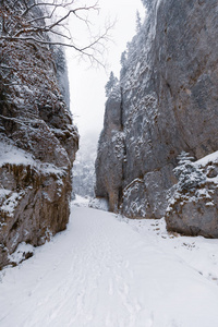 峡谷中布满积雪的道路景观图片