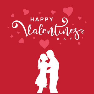 矢量快乐情人节与夫妇剪影和装饰字体在红色背景.