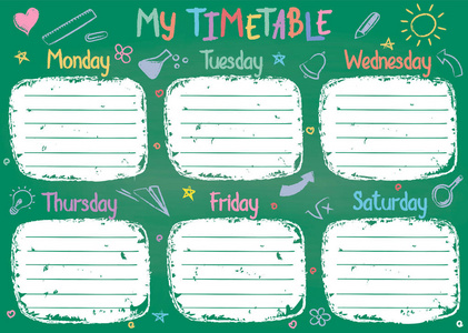 每周的课程, 粗略的风格装饰手绘学校涂鸦在绿色板上照片