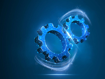 向量低多边形多边形线框二三维齿轮例证在蓝色背景照片