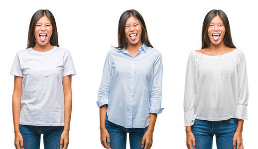 亚洲年轻女子站在白色孤立的背景上，伸出舌头，以滑稽的表情高兴。 情感概念。