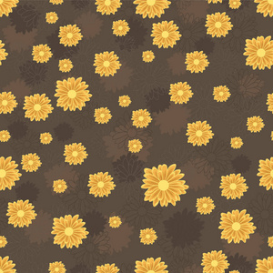 无缝的样式与金黄雏菊花在棕色背景