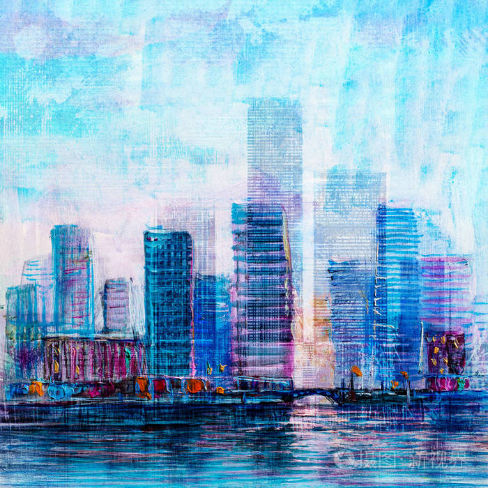摩天大楼的艺术绘画.抽象风格.城市景观油画.