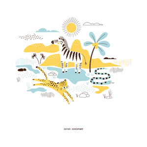 装饰黄色和蓝色热带草原野生动物插图