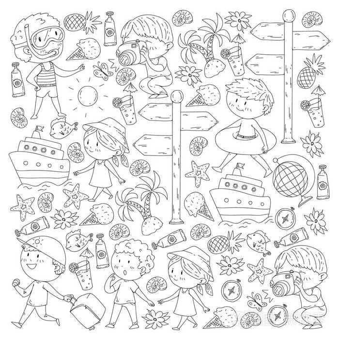 孩子们度假和旅行.着色页, 书插画-正版商用图片16nwwn-摄图新视界