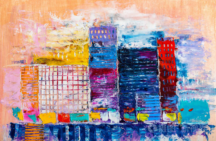 摩天大楼的艺术绘画.抽象风格.城市景观油画.
