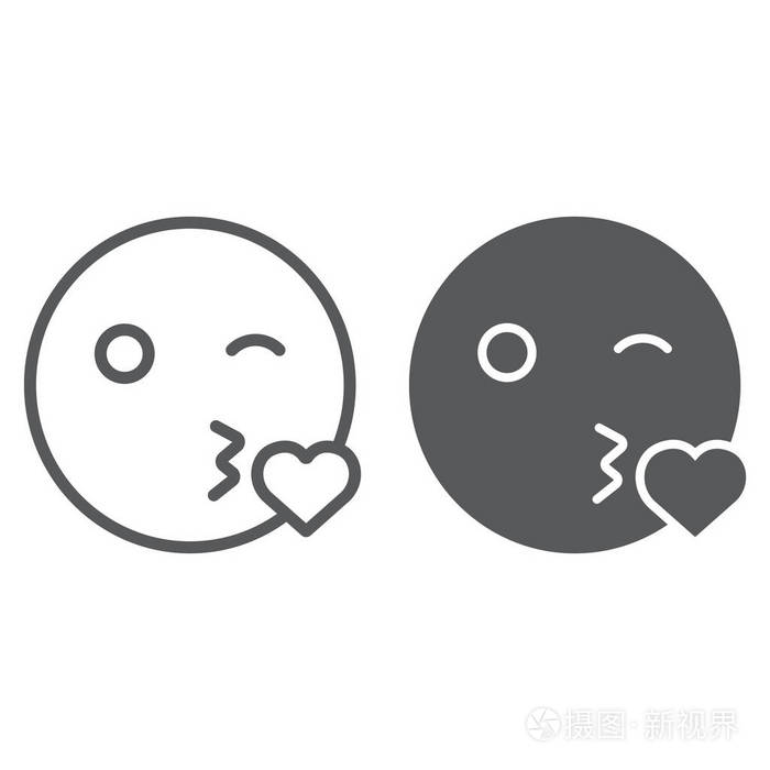亲吻微笑线和字形图标表情符号和表达爱表情符号矢量图形在白色背景的