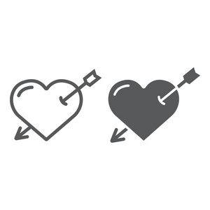 用箭头线和字形图标刺穿的心, 爱和情人节, 丘比特符号, 矢量图形, 在白色背景的线性图案