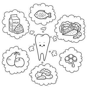 黑白卡通插图。 牙齿的好食物。 儿童健康教育海报