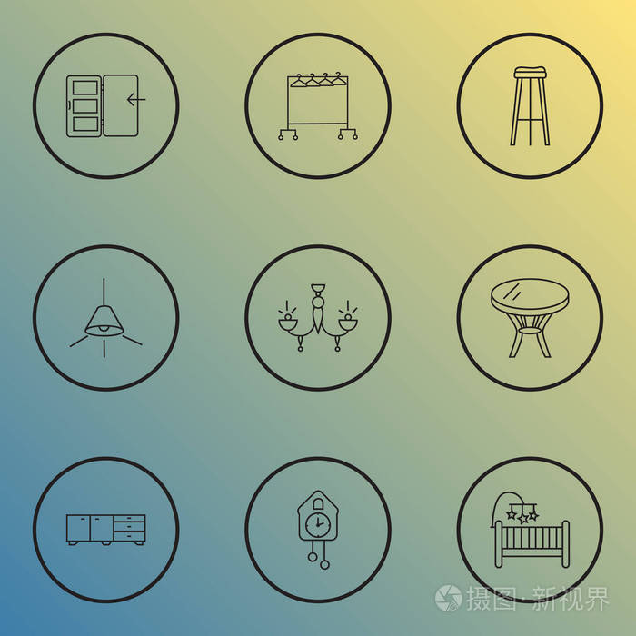 室内图标线条风格设置与餐具柜, 凳子, 门和其他床头柜元素.