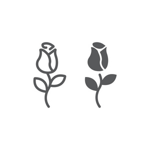 玫瑰线和字形图标, 爱和花卉, 花符号, 矢量图形, 在白色背景的线性图案