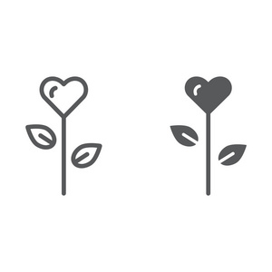 爱的花线和字形图标, 花卉和浪漫, 心花符号, 矢量图形, 在白色背景的线性图案