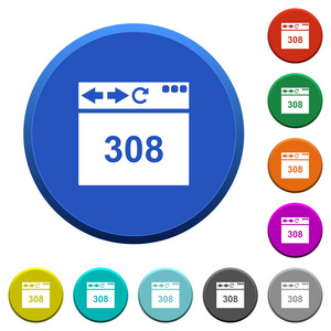 浏览器308永久重定向圆形颜色斜面按钮与光滑的表面和平面白色图标。