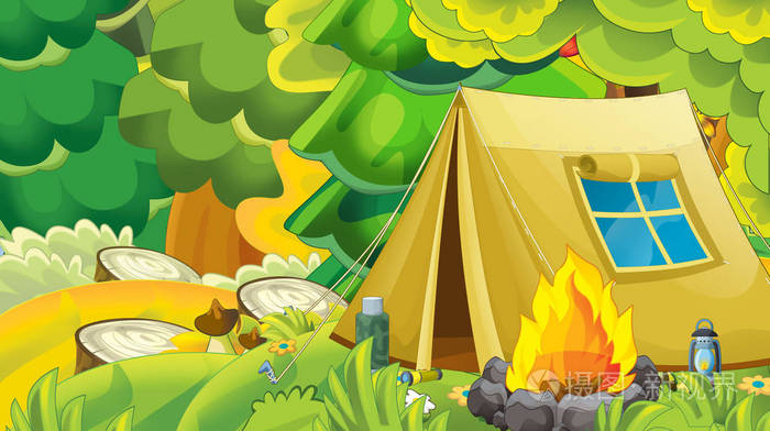 儿童森林插图中有帐篷的卡通场景