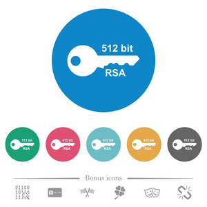 圆色背景上512位rs a加密平白色图标.. 包括6个奖金图标。