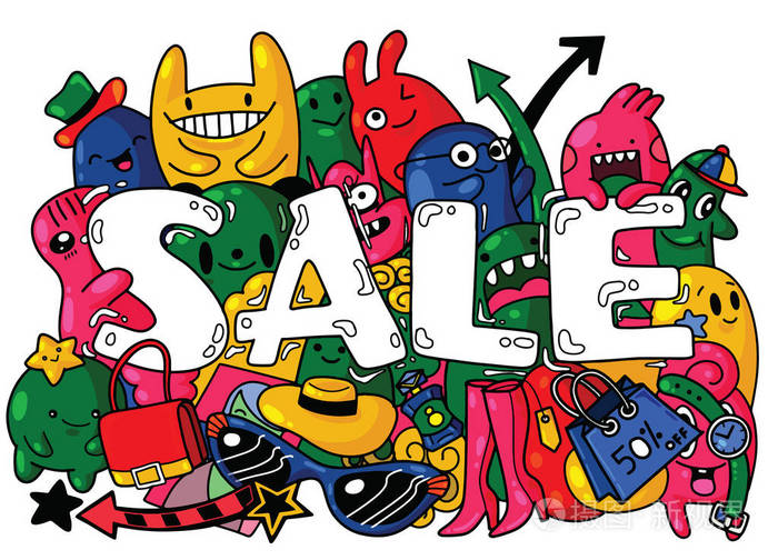 销售横幅模板设计矢量插图涂鸦可爱怪物背景手绘涂鸦