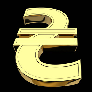 3D渲染乌克兰格里夫尼亚的货币符号，金色，孤立在黑色背景上。从下面的正面视图。