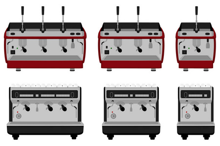 主题插图大彩集不同类型咖啡机，不同大小的制造者。咖啡机模式，包括收集配件制造商。咖啡机，新鲜咖啡的咖啡机。