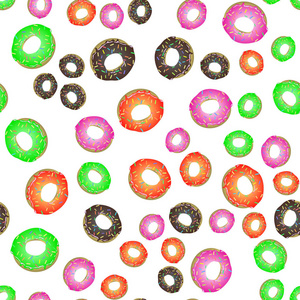 五颜六色的新鲜甜圈无缝图案在白色背景。 美味的釉面甜甜圈。 奶油美味的饼干。