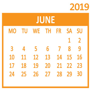 六月。 第六页的集合。 日历2019模板。 一周从星期一开始。 矢量插图