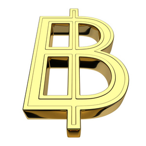 在白色背景上孤立的泰铢黄金货币符号的三维渲染. 从下面的正面视图.