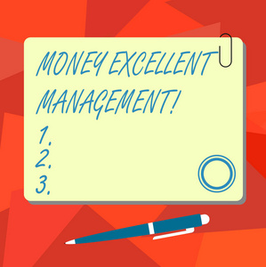 概念手工写作显示金钱优秀管理。商务照片文本如何处理您的财务的所有方面广场颜色板与磁铁点击圆珠笔和剪辑