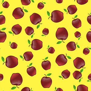 有绿叶的红苹果，黄色背景的无缝图案