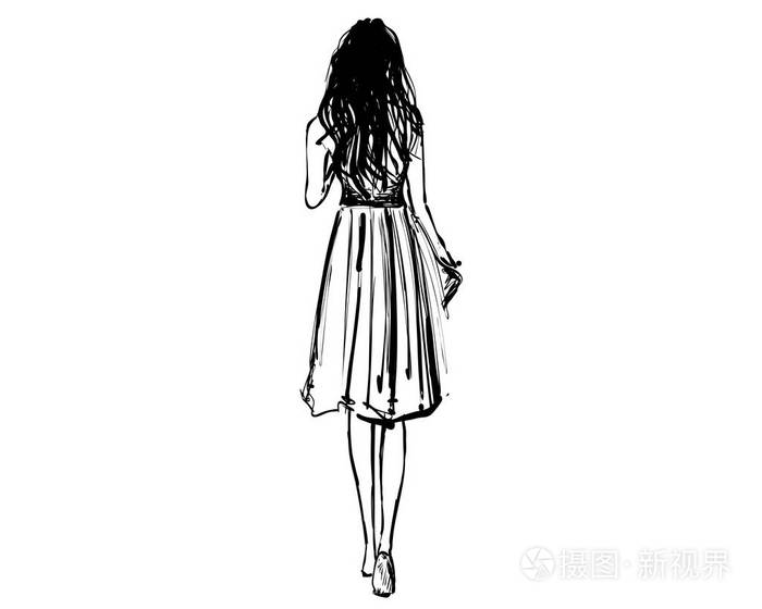穿着裙子走路的女孩从后面看.时尚素描