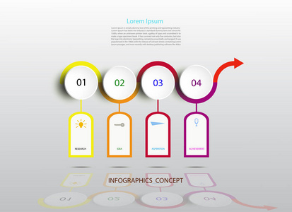 业务概念和图标的信息图形时间线模板。 可用于工作流布局图编号选项升级选项网页设计演示文稿和4个步骤选项。矢量插图。
