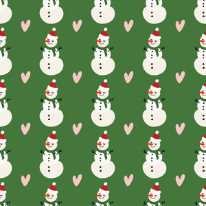 矢量冬季模式的装饰设计与雪人和心脏在绿色的背景。冬季背景装饰