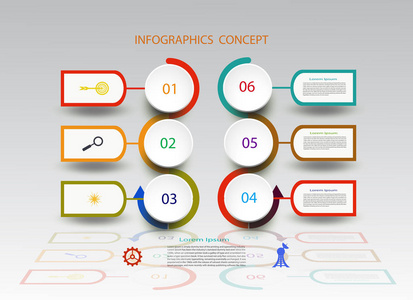 信息图形时间线设计模板的业务概念和图标。 可用于工作流布局图数字选项升级选项网页设计业务概念演示，有6个步骤选项。矢量插