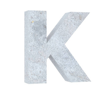 白色背景上孤立的混凝土大写字母k。 三维渲染图