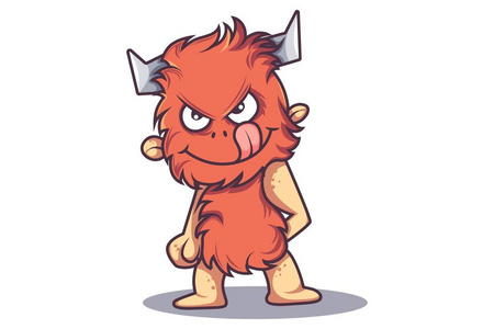 魔鬼的舌头矢量卡通插图可爱的皮毛怪物,魔鬼的微笑和舌头伸出.