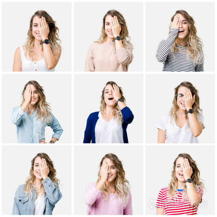 年轻美丽的金发女孩在孤立的背景上拼贴用手遮住一只