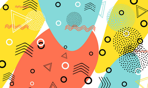 流行艺术色彩背景.孟菲斯图案的几何形状的组织和明信片.矢量插图.