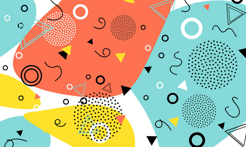 流行艺术色彩背景..孟菲斯图案的几何形状的组织和明信片。矢量插图。希普斯特风格8090年代。抽象的五颜六色的时髦背景。